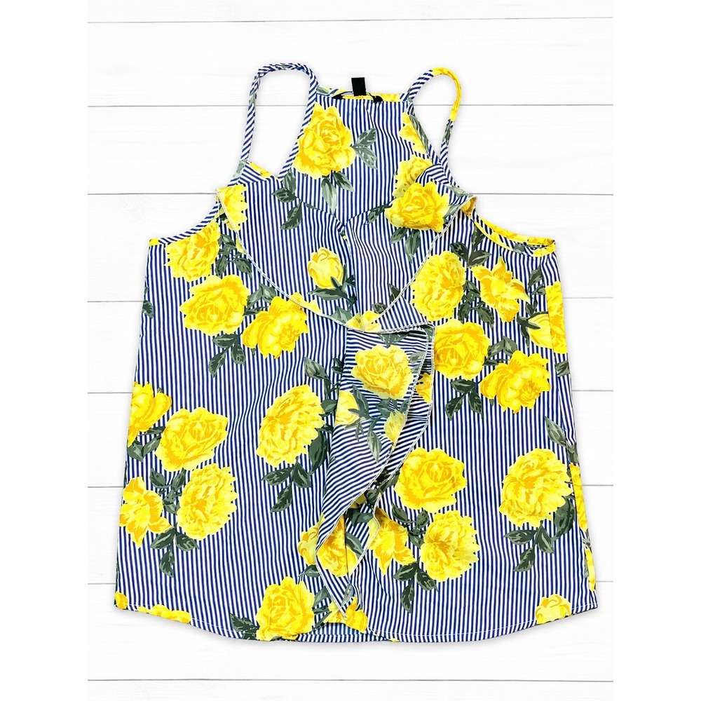 Time To Bloom Womens Blue White Striped Yellow Floral Ruffle Halter Top Small